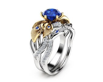 Calla Lily Sapphire Engagement Ring Set 14K Two Tone Gold Rings Sapphire Engagement Ring with Matching Band