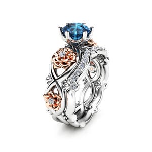 14K White Gold Floral Wedding Ring Bridal Set 1Ct Blue Topaz Engagement Ring Diamond Wedding Band image 1
