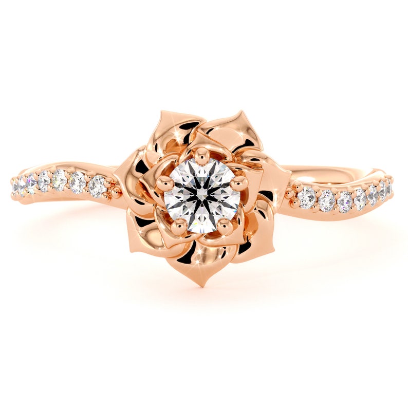 Diamond Rose Engagement Ring by Camellia Jewelry Flower Ring in 14K Gold Engagement Rose Ring image 3