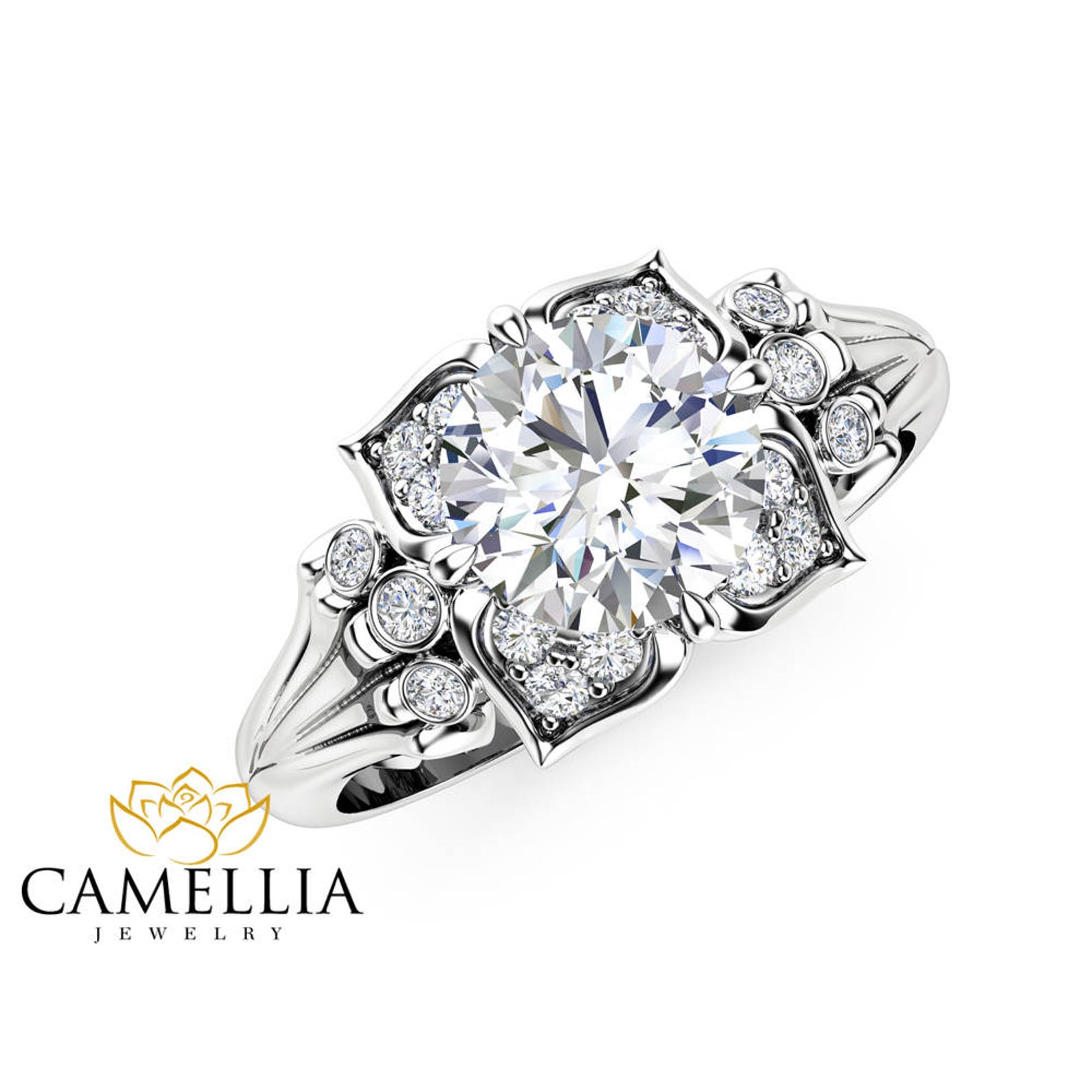 Unique Modern Lab Made Diamond Engagement Ring White Gold Etsy