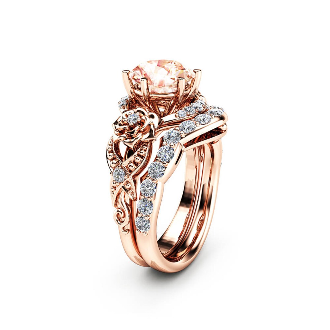 Engagement Ring Set 14K Rose Gold Ring Floral