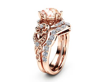Morganite Engagement Ring Set 14K Rose Gold Morganite Ring Floral Engagement Ring with Matching Diamond Band