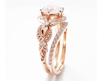 Unique Moissanite Engagement Ring Set 14K Rose Gold Engagement Rings Vintage Floral Moissanite Rings