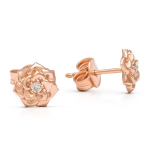 Camellia Diamond Flower Earrings Dainty Diamond Stud Earrings in Rose Gold