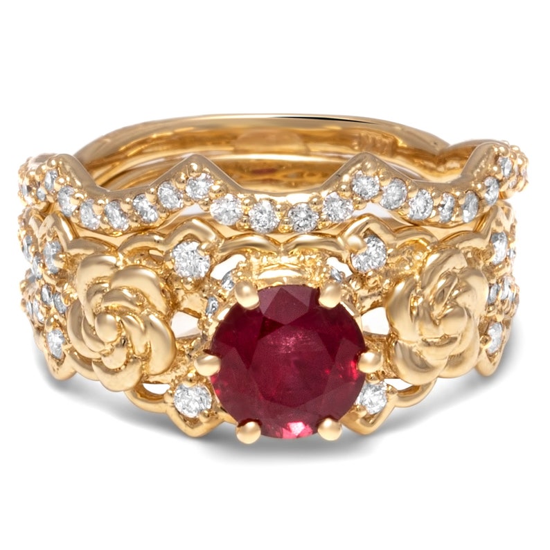 Natural Ruby Engagement Ring Set Unique Ruby Bridal Rings 14K | Etsy