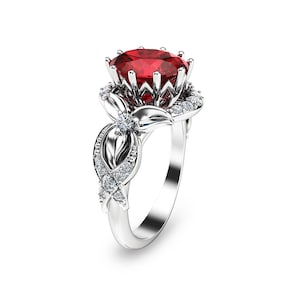 Oval Ruby Engagement Ring: 14k White Gold Floral Filigree Band