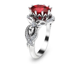Ruby Engagement Ring Oval Cut Ruby Ring White Gold Engagement Ring