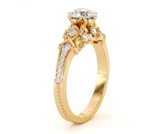 Splendid 14K Yellow Gold Engagement Ring Classic Moissanite Natural Diamonds Side Stone Ring