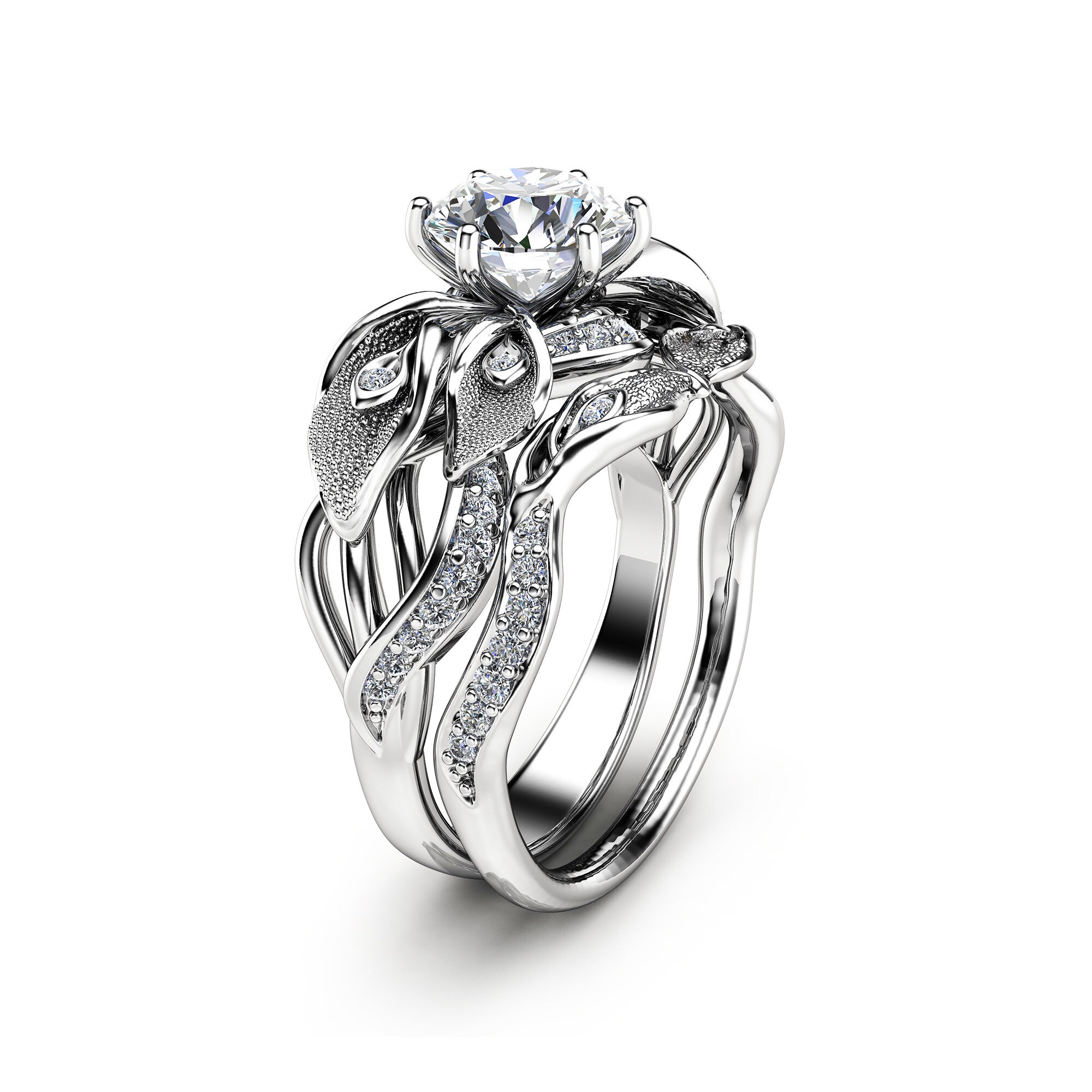 Diamond Wedding Ring Set 14K White Gold Engagement Ring Calla - Etsy