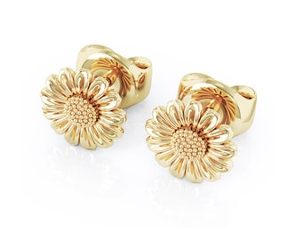 Dainty Yellow Gold Sunflower Stud Earrings By Camellia - Unique Jewelry Gift For Women