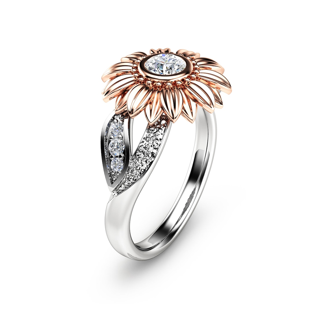 Two Tone Gold Sunflower Engagement Ring Sunflower Diamond Ring Unique