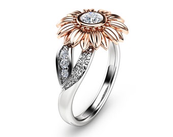 Two Tone Gold Sunflower Engagement Ring With Natural Diamond Unique Flower Ring
