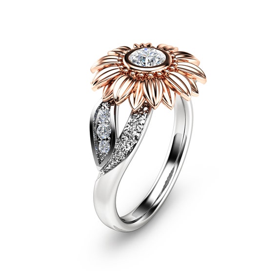 Two Tone Gold Sunflower Engagement Ring Sunflower Diamond Ring