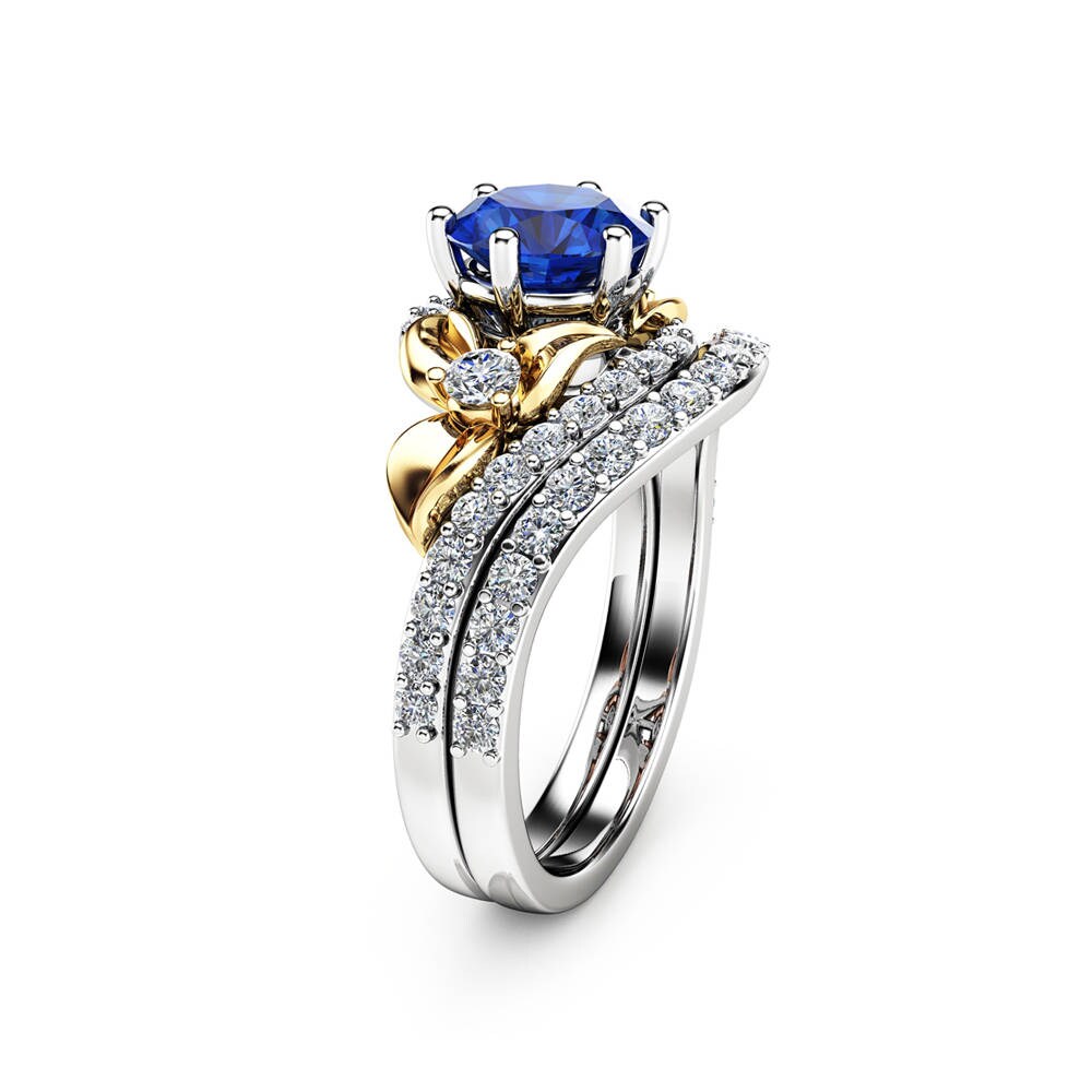 Sapphire Unique Engagement Ring Set 14K Two Tone Gold Etsy