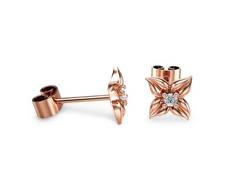 14K Rose Gold Diamond Stud Earrings Diamond Studs Flower Earrings Unique Earrings.