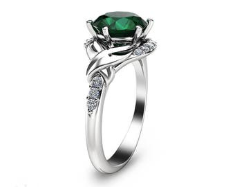 Natural Emerald Wedding Ring 14K White Gold Ring Unique 2 Carat Emerald Ring