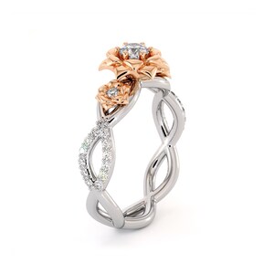 Diamond Engagement Ring 14K White & Rose Gold Ring Leaf Engagement Rings