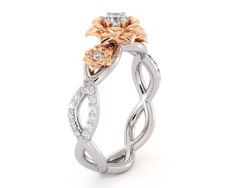 Diamond Engagement Ring 14K White & Rose Gold Ring Leaf Engagement Rings