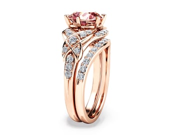 14K Rose Gold Engagement Rings Unique Peach Pink Morganite Ring Set