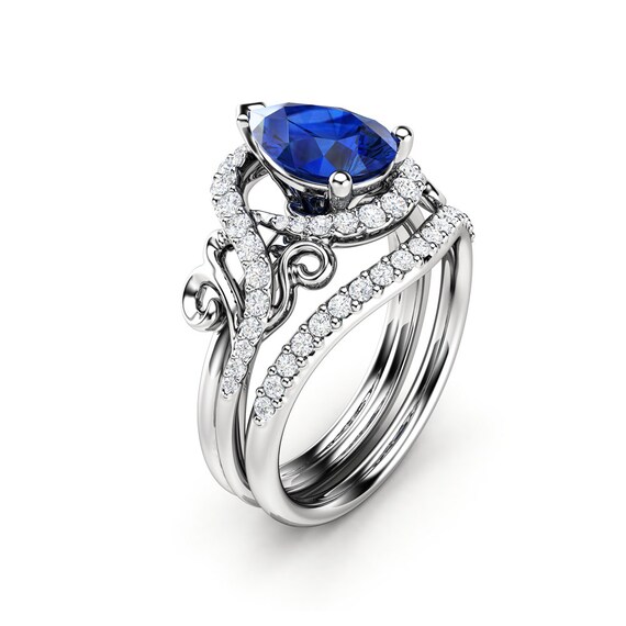 Sapphire Engagement Ring Set Pear Cut Sapphire Ring 14K White | Etsy