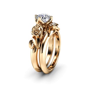 Luxurious Floral Design Moissanite Engagement Ring Set 14K Rose Gold Matching Rings 14K Yellow Gold