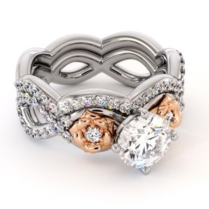 Diamonds Bridal Set 14K White & Rose Gold Rings Unique Flower Ring Set Lab Grown Diamond Ring Wedding Set image 5