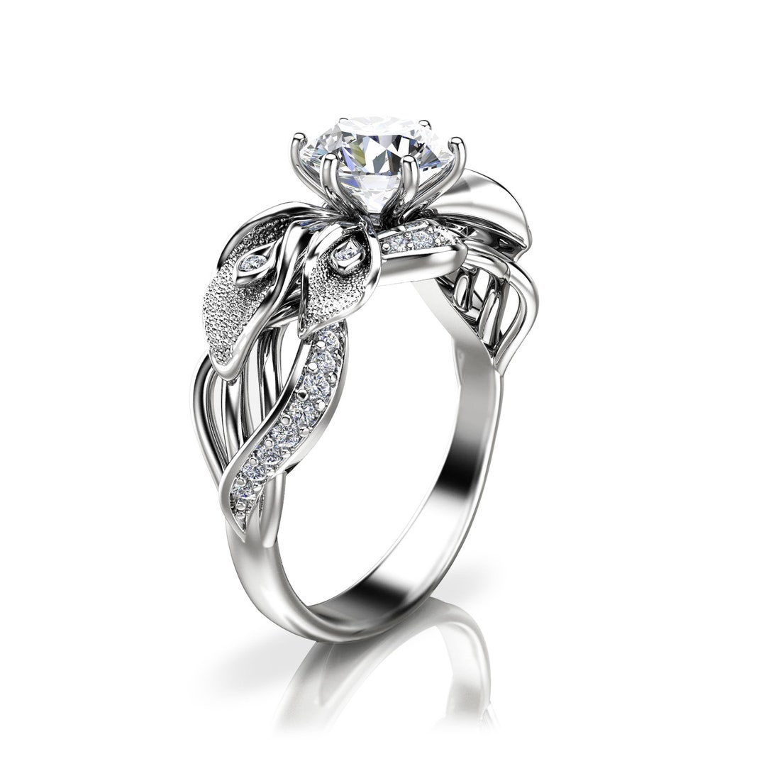 Calla Lily Moissanite Engagement Ring 14K White Gold Etsy