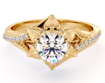 Golden Lily Moissanite Engagement Ring 14K Gold Natural Diamonds Halo Floral Ring