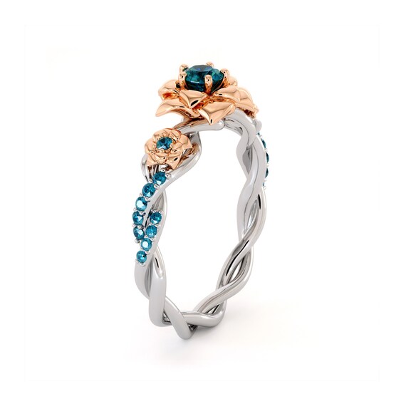 Blue Diamond Engagement Ring 14K White Rose Gold Ring Rose Engagement Ring Etsy