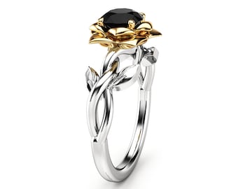 Black Diamond Engagement Ring White Gold Ring Leaf Wedding Ring Unique Engagement Ring