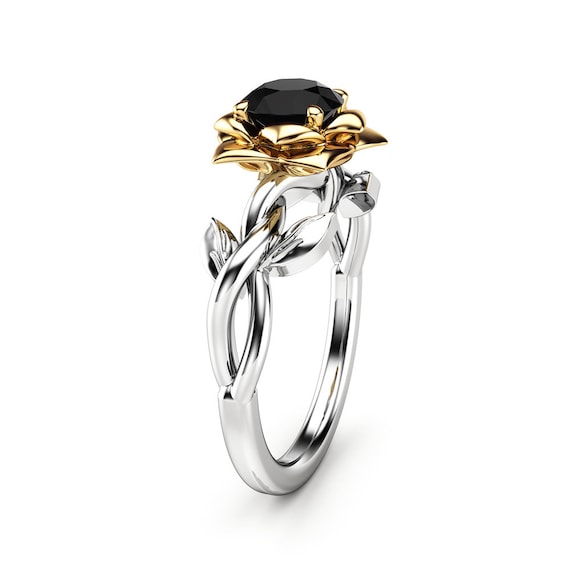 Black Diamond Engagement Ring White Gold Ring Leaf Wedding - Etsy