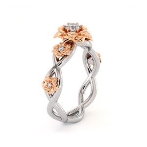 Diamant Verlobungsring 14K Weiß & Rose Gold Ring Rose Blume Verlobungsring