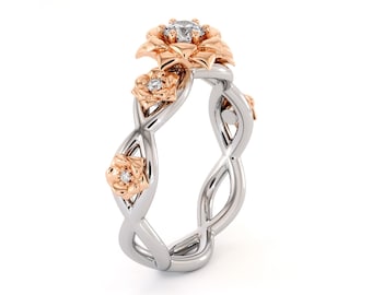 Diamond Engagement Ring 14K White & Rose Gold Ring Rose Flower Engagement Ring