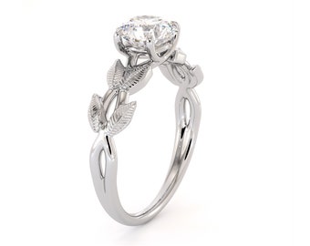 Unique Leaf Design White Gold Ring with Lab-Grown Diamond - Perfect for Anniversary and Special Occasions