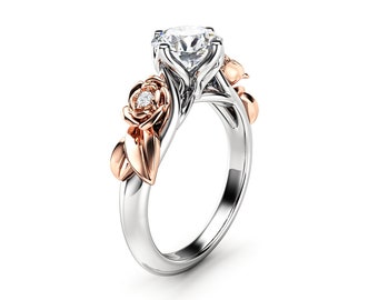 Nature Inspired Lab Diamond Engagement Ring Unique Design Floral Gold Promise Ring