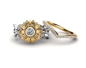 thumbnail image 2 of Two Tone Gold Sunflower Engagement Ring With Natural Diamond Unique Flower Ring 2 of 9