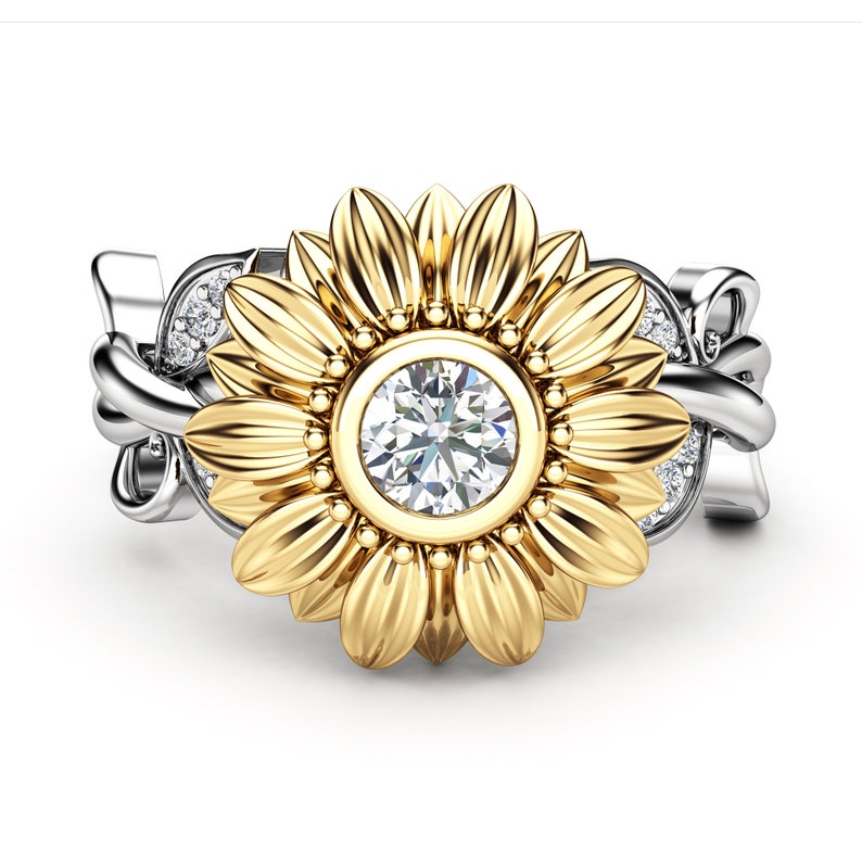 Unique 14K Gold Diamond Sunflower Engagement Ring / Gold Etsy