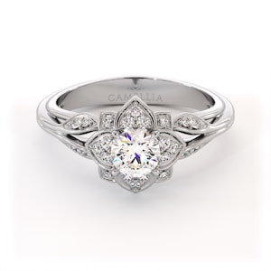 14K Gold Lab Diamond Engagement Ring with Leaf Motif and Milgrain Details