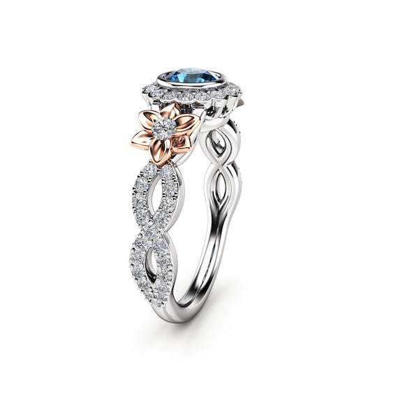14K White Gold Blue Diamond Engagement Ring Unique Flower
