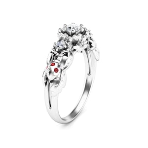 Unique 3 Stone Engagement Ring 14K White Gold Diamond Ring Ladybug And Flower Engagement Ring Nature Inspired Ring