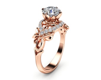 14K Rose Gold Created Diamond Engagement Ring Unique Design Bridal Ring Eco Diamond