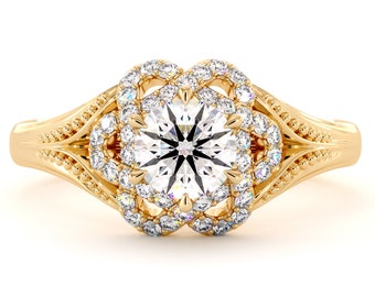 Luxurious Halo Moissanite Engagement Ring 14K Gold Diamond Unique Halo Design