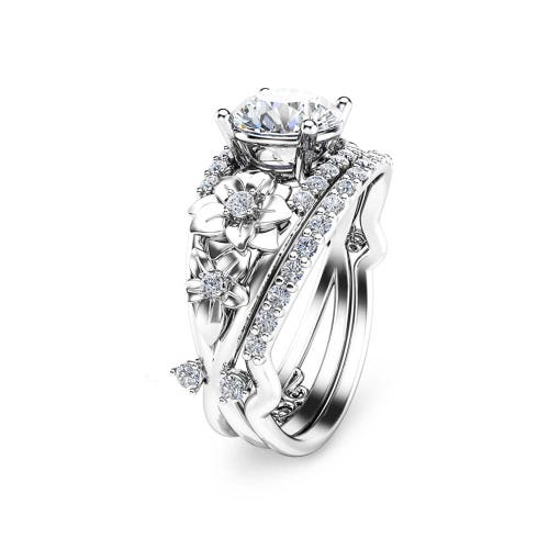 Unique Three Stone Moissanite Bridal Set 14K White Gold Rings Etsy