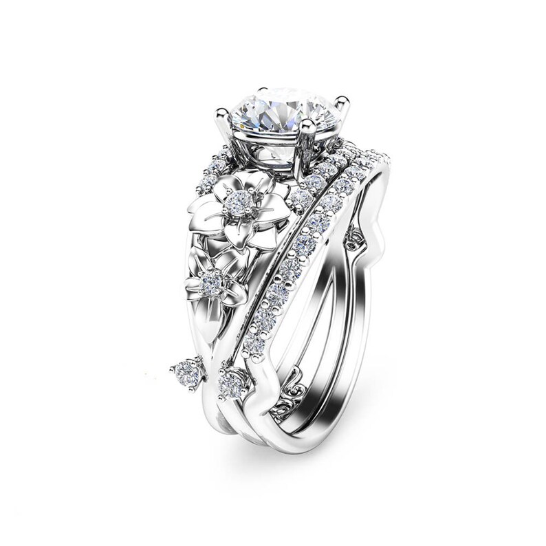 Floral Moissanite Engagement Ring Set 14K White Gold Rings Etsy