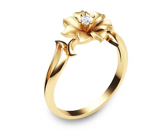 Delicate Flower Diamond Engagement Ring Unique Nature Inspired 14K Gold Ring