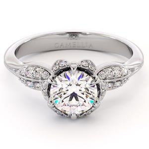 Lab Diamond Solitaire Engagement Ring Floral Crown with Leaf Details Nature Inspired Wedding Ring Elegant Handmade Fine Jewelry