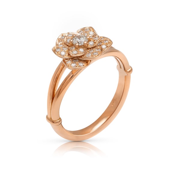 Unique 14K Rose Gold Diamond Ring Promise Ring Nature Inspired Flower Diamonds Ring Fancy Rings by Camellia Jewelry Etsy