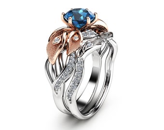 Unique Topaz Engagement Rings Floral Ring Set 14K Two Tone Gold Topaz Rings Calla Lily Design Engagement Ring