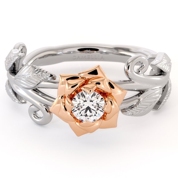 Diamond Engagement Ring Flower Ring Camellia Ring 2 Tone Gold Ring