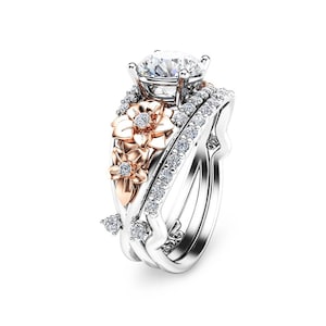Floral 14K White & Rose Gold Diamond Engagement Ring Set
